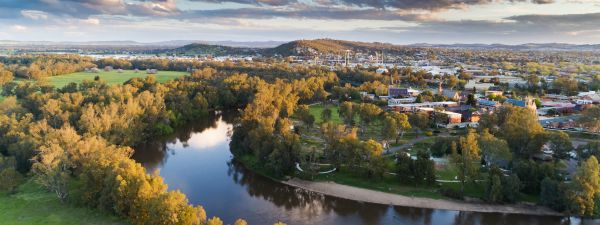 Sunset over the Murrumbidgee River in Wagga Wagga, NSW aerial drone view