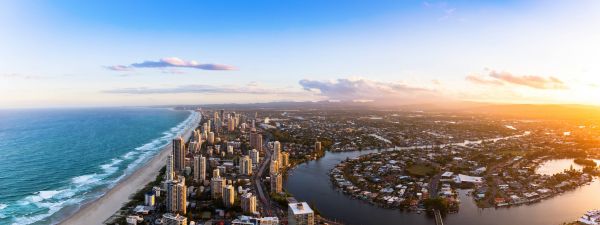 Aerial view of Gold Coast and surfers paradise beach at sunset