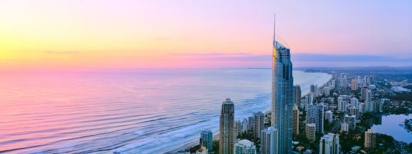 A panoramic sunrise buildings and coastline view of Surfers Paradise on Queensland's Gold Coast in Australia