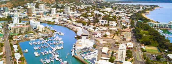 Aerial view of Townsville harbour and the yacht club on the marina on a sunny day