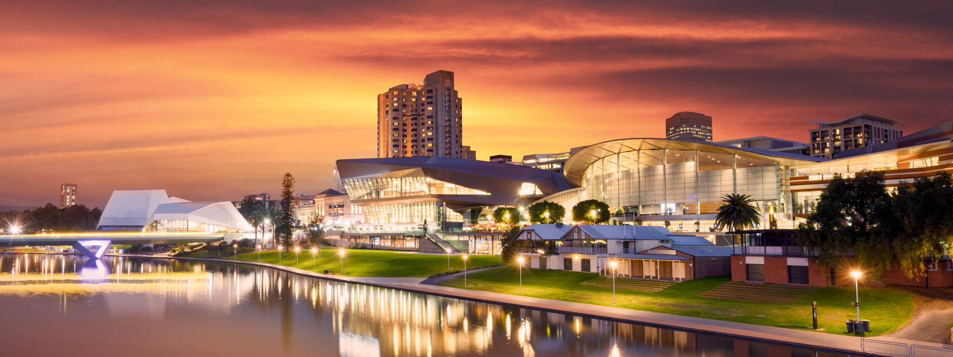 Adelaide city view from across the river Torrens at sunset