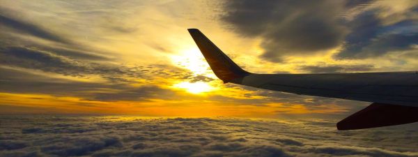 Passenger airplane wing at sunset carrying FMTY escorts